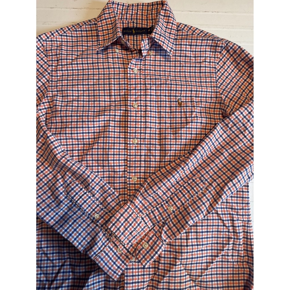 Ralph Lauren Button Down Shirt Mens M Orange Navy Gingham Excellent Long Sleeve